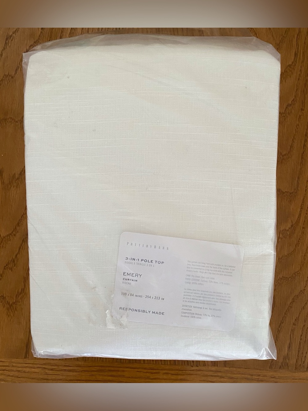 Pottery Barn Emery Linen Curtain White 3 in 1 Pole Top 100" x 84"